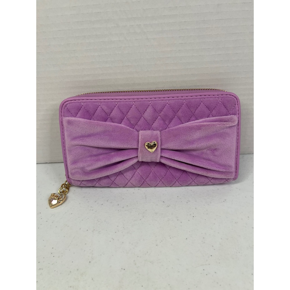 Juicy Couture Purple Quilted Velour Bow Zip Around Wallet Gold Heart Charm 8x4in